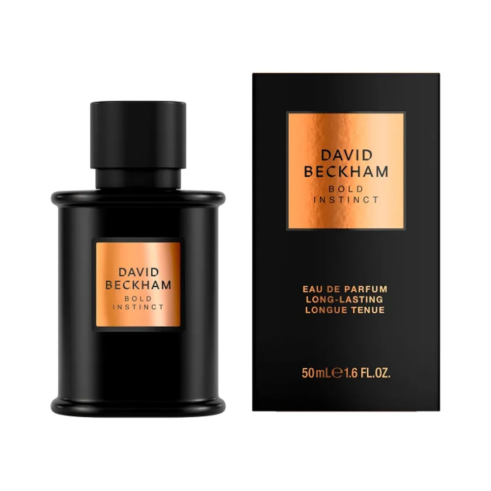 Perfume David Beckham Bold Instinct com embalagem preta e detalhes em cobre